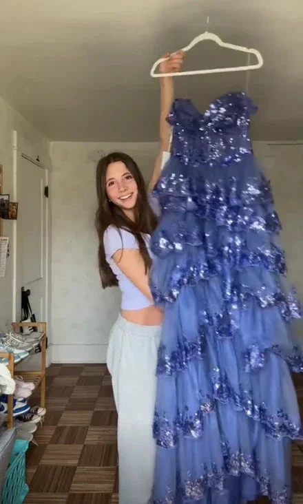 Sparkly Blue Tulle Sequins Layered Evening Dress Formal Slit Prom Dress Y7961 - Image 3
