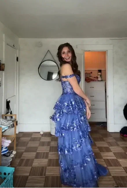 Sparkly Blue Tulle Sequins Layered Evening Dress Formal Slit Prom Dress Y7961 - Image 4
