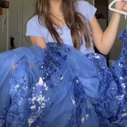 Sparkly Blue Tulle Sequins Layered Evening Dress Formal Slit Prom Dress Y7961 - Image 5