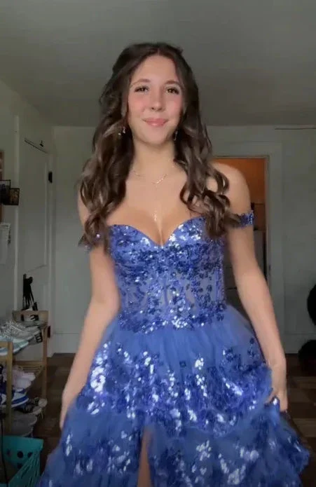 Sparkly Blue Tulle Sequins Layered Evening Dress Formal Slit Prom Dress Y7961 - Image 6
