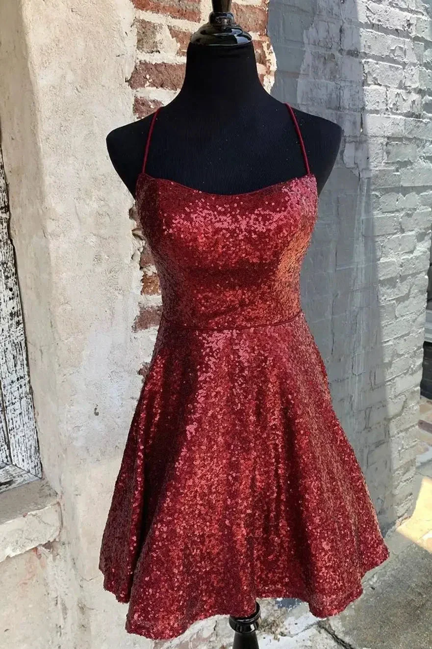 Sparkly Burgundy Homecoming Dresses Backless A-line Mini Party Dress PD383 - Image 2