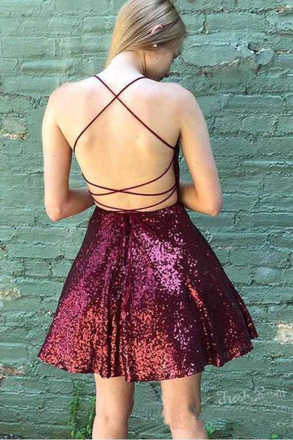 Sparkly Burgundy Homecoming Dresses Backless A-line Mini Party Dress PD383 - Image 3