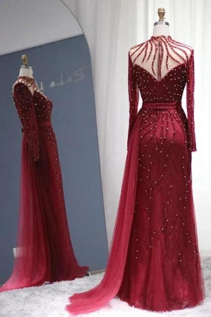 Sparkly Burgundy Long Sleeve Mermaid Prom Dresses Luxious Evening Gowns - Image 2