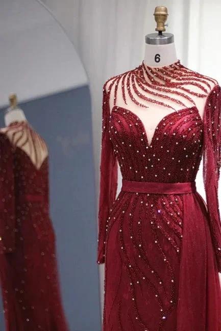 Sparkly Burgundy Long Sleeve Mermaid Prom Dresses Luxious Evening Gowns - Image 3