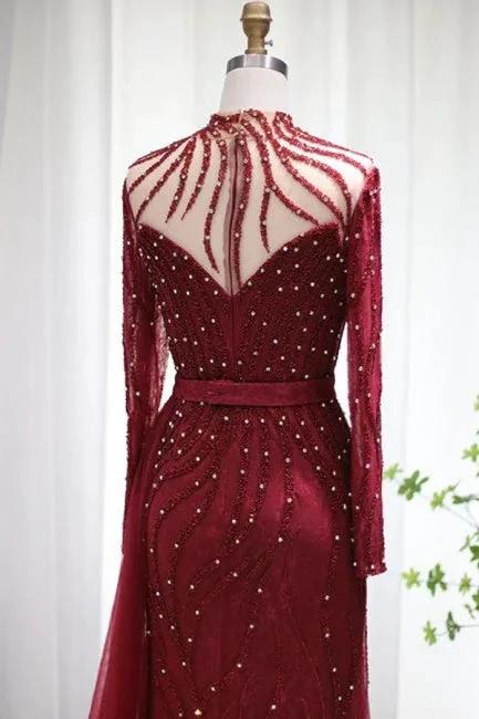 Sparkly Burgundy Long Sleeve Mermaid Prom Dresses Luxious Evening Gowns - Image 4