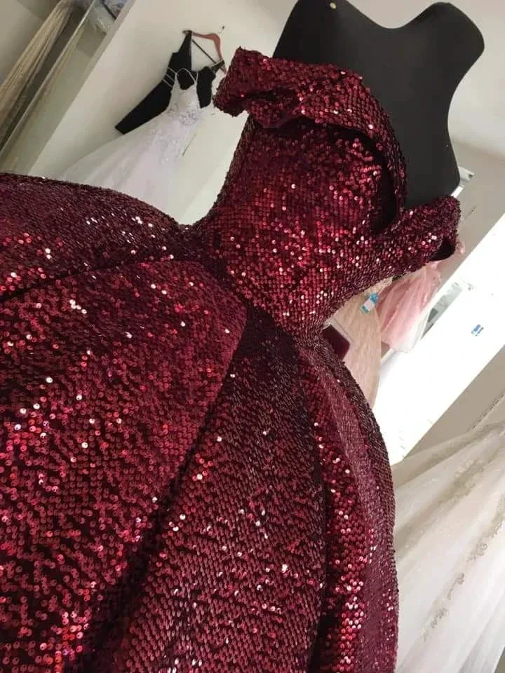 Sparkly Burgundy Off The Shoulder Ball Gown Sweet 16 Dress Y4264 - Image 2