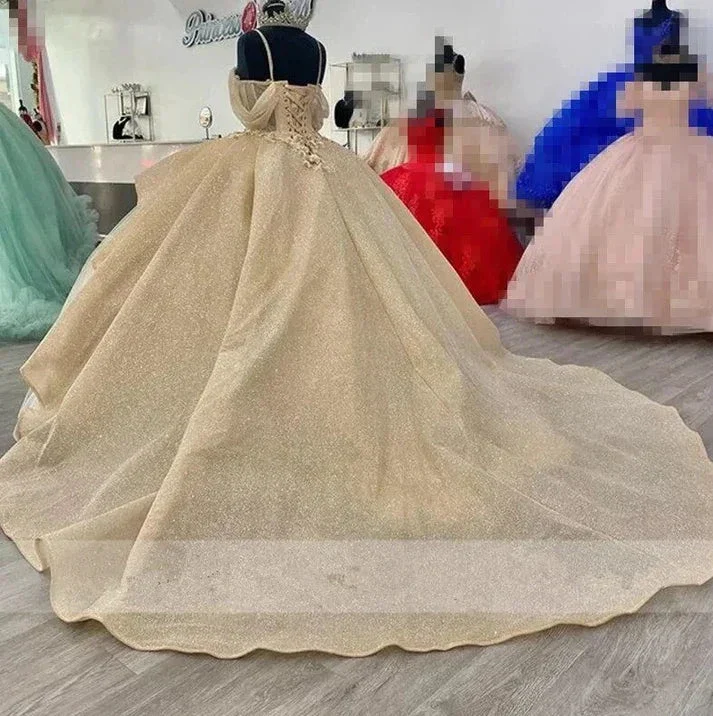 Sparkly Champagne Princess Ball Gown Quinceanera Dresses Elegant Straps Appliques Sweet 16 Dress Y4150 - Image 2