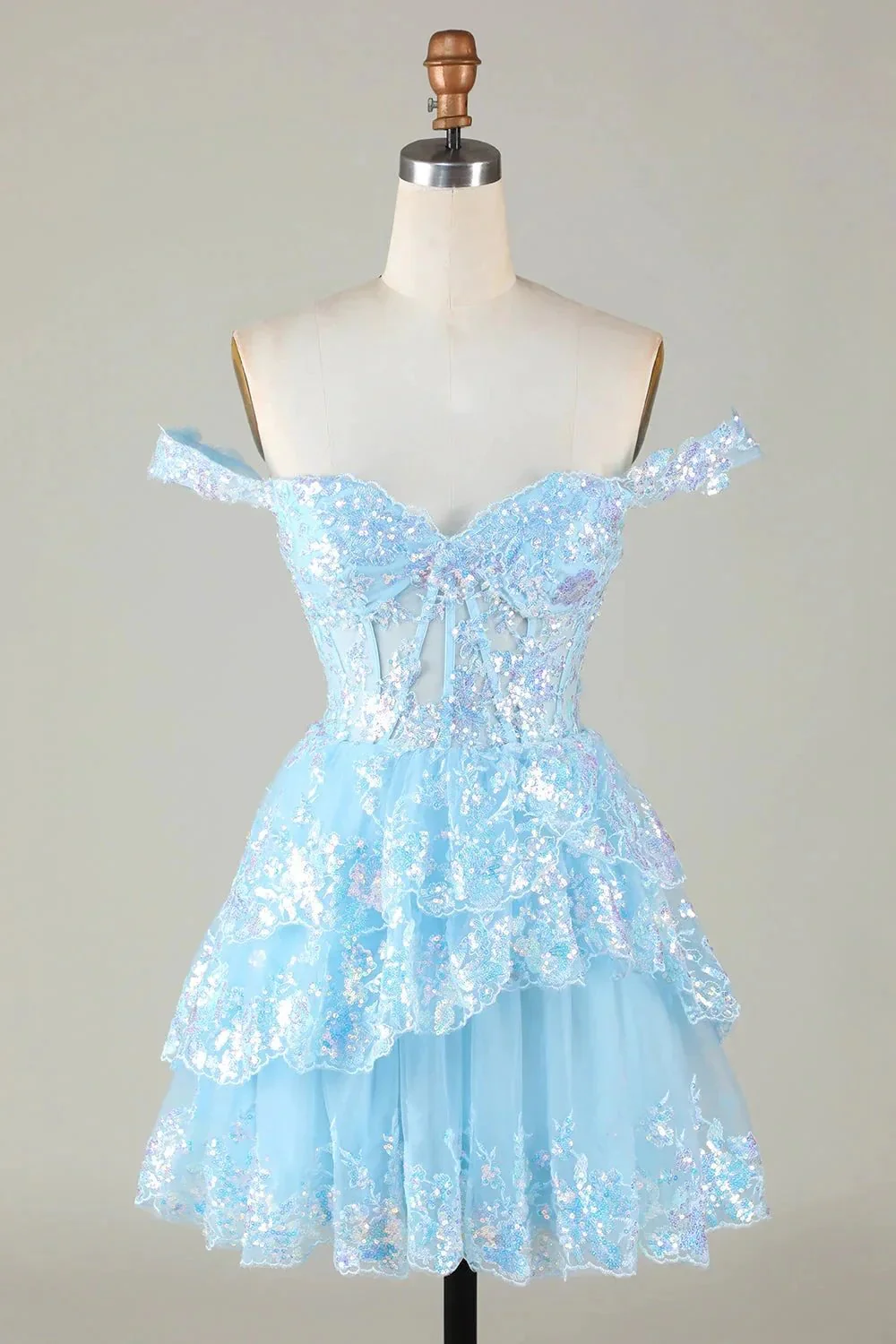Sparkly Dark Blue A Line Off The Shoulder Corset Tiered Short Homecoming Dress with Sequins - Image 10