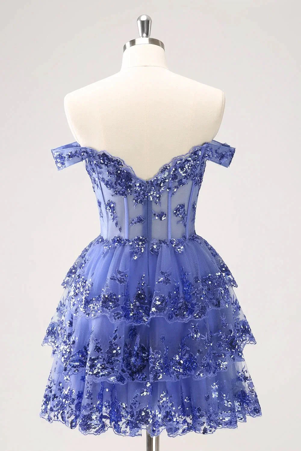 Sparkly Dark Blue A Line Off The Shoulder Corset Tiered Short Homecoming Dress with Sequins - Image 2
