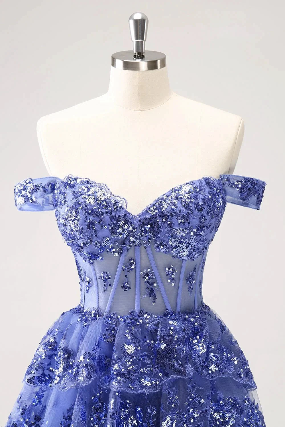 Sparkly Dark Blue A Line Off The Shoulder Corset Tiered Short Homecoming Dress with Sequins - Image 3