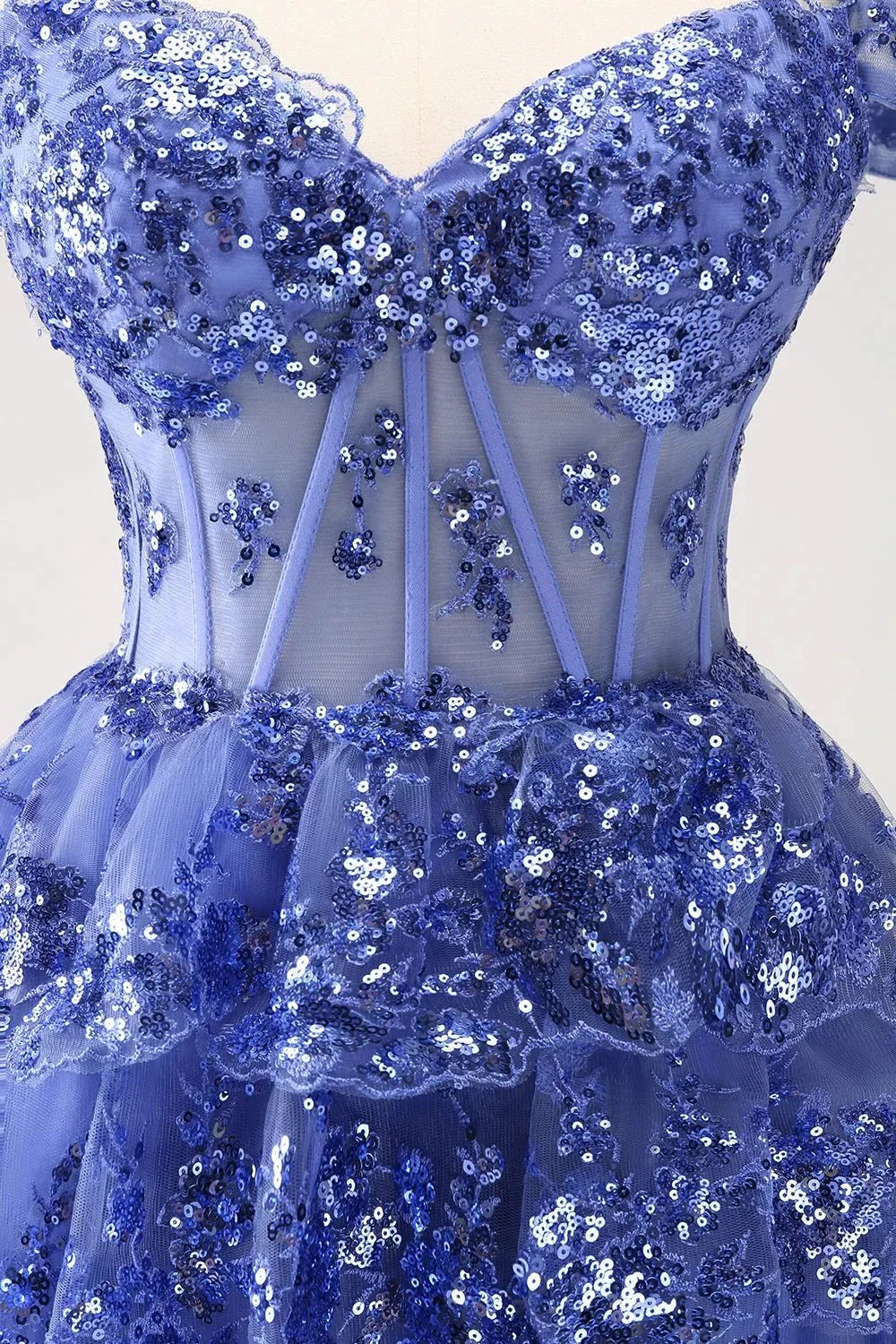 Sparkly Dark Blue A Line Off The Shoulder Corset Tiered Short Homecoming Dress with Sequins - Image 4