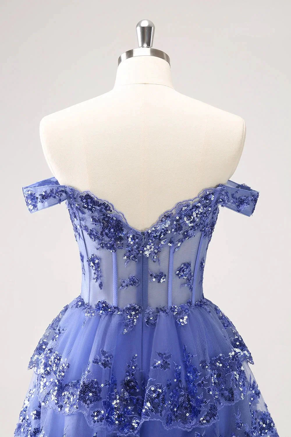 Sparkly Dark Blue A Line Off The Shoulder Corset Tiered Short Homecoming Dress with Sequins - Image 5