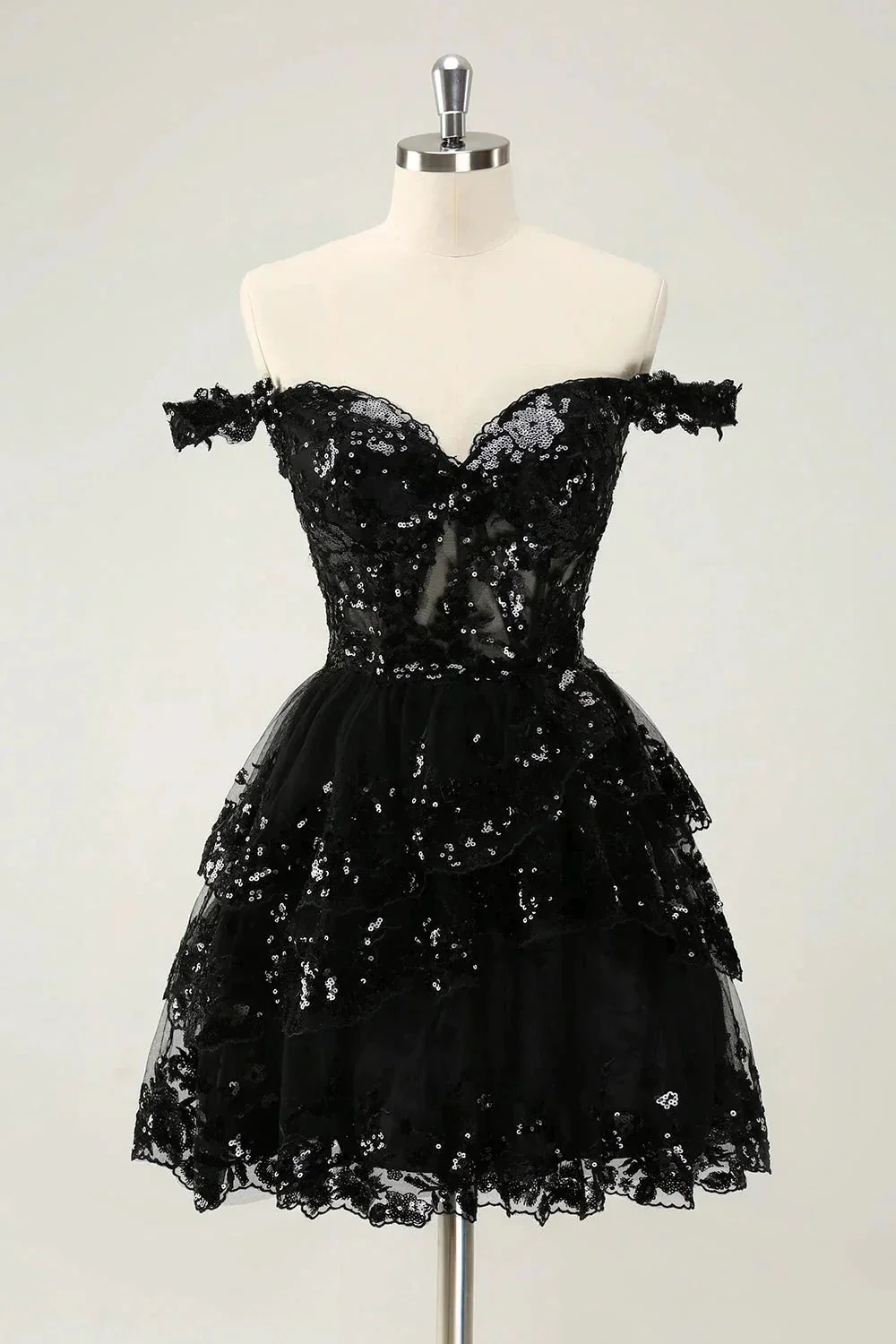 Sparkly Dark Blue A Line Off The Shoulder Corset Tiered Short Homecoming Dress with Sequins - Image 6