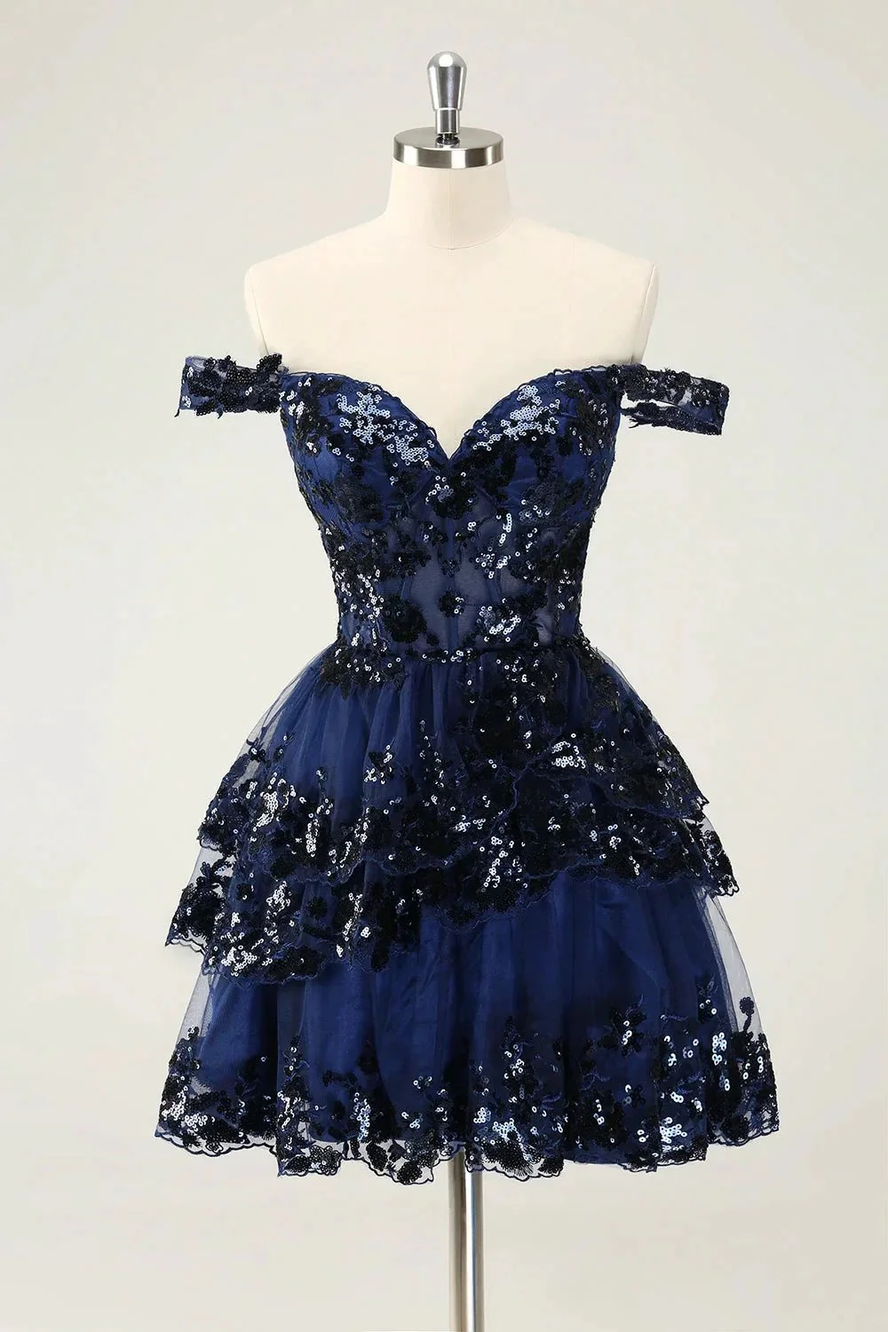 Sparkly Dark Blue A Line Off The Shoulder Corset Tiered Short Homecoming Dress with Sequins - Image 7