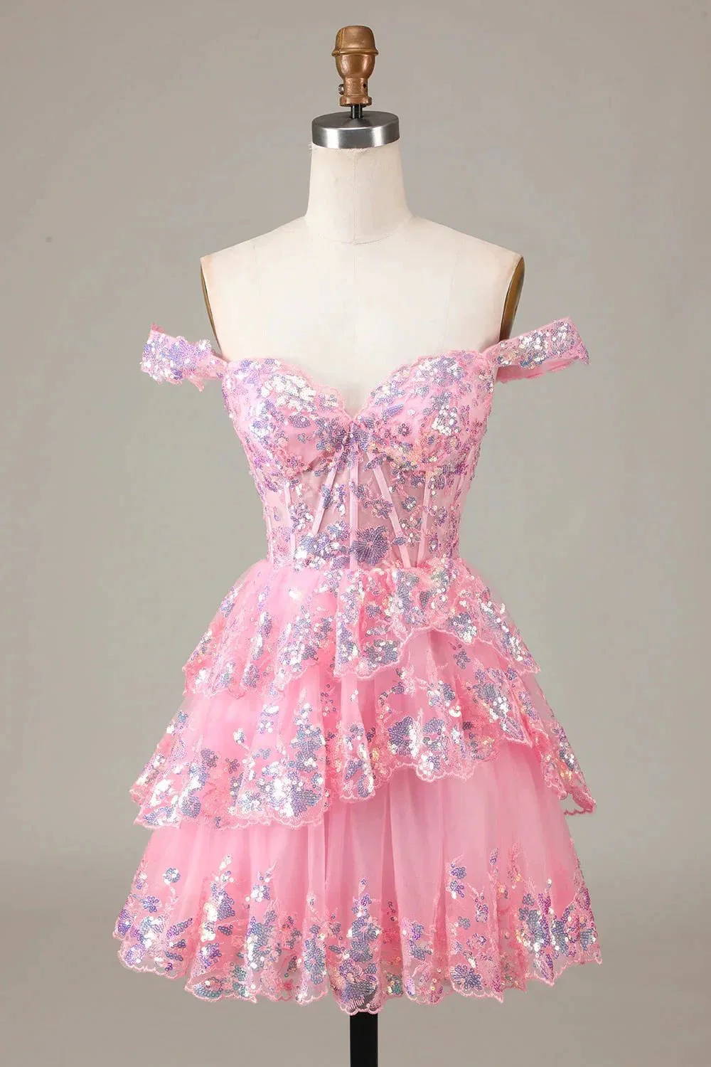 Sparkly Dark Blue A Line Off The Shoulder Corset Tiered Short Homecoming Dress with Sequins - Image 8
