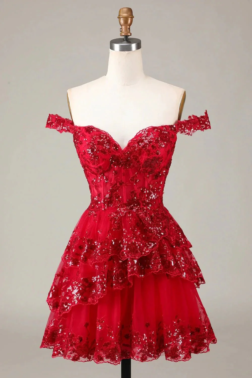 Sparkly Dark Blue A Line Off The Shoulder Corset Tiered Short Homecoming Dress with Sequins - Image 9
