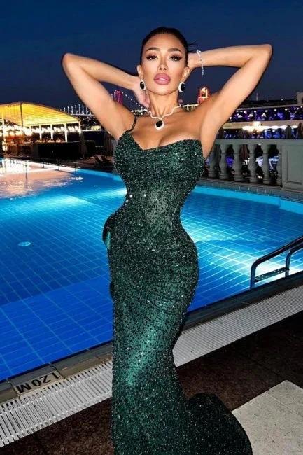 Sparkly Dark Green Spaghetti Straps Long Mermaid Prom Dresses Evening Gowns With Slit - Image 3