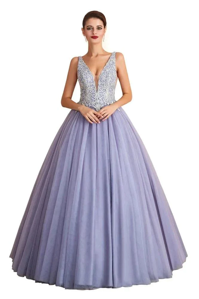 Sparkly Double V-Neck Aline Ball Gown Crystals Tulle Floor Length Party Dress - Image 2