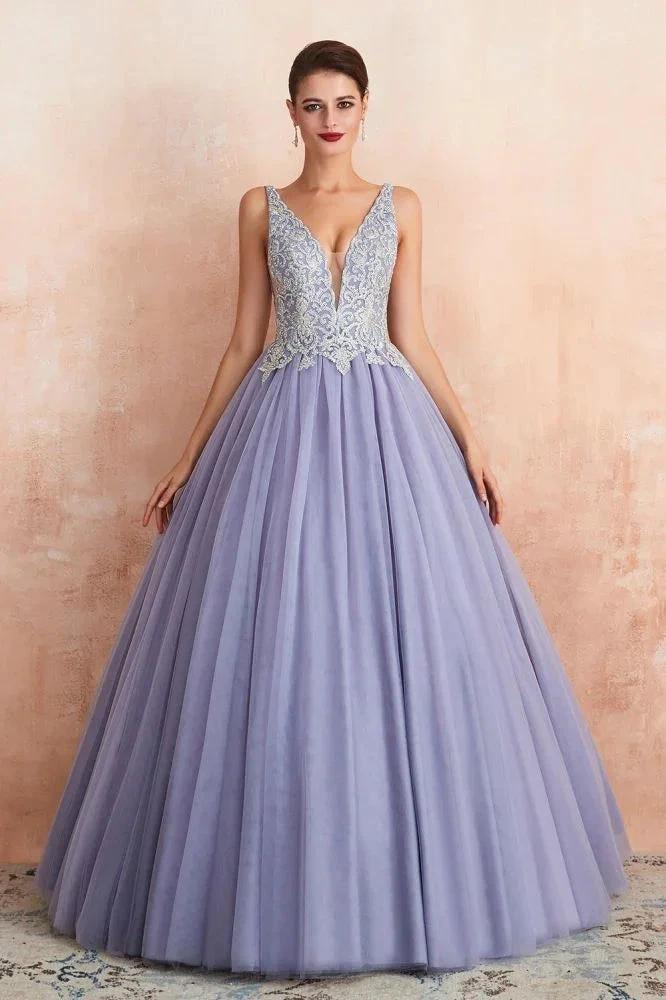 Sparkly Double V-Neck Aline Ball Gown Crystals Tulle Floor Length Party Dress - Image 3