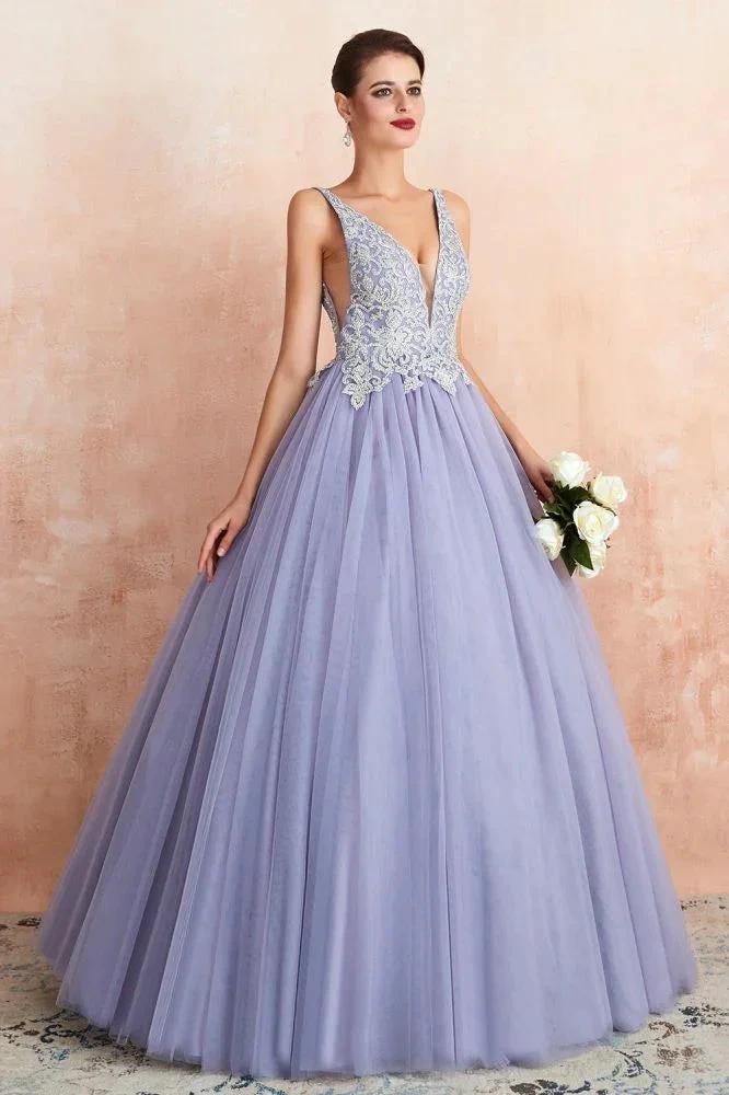 Sparkly Double V-Neck Aline Ball Gown Crystals Tulle Floor Length Party Dress - Image 4