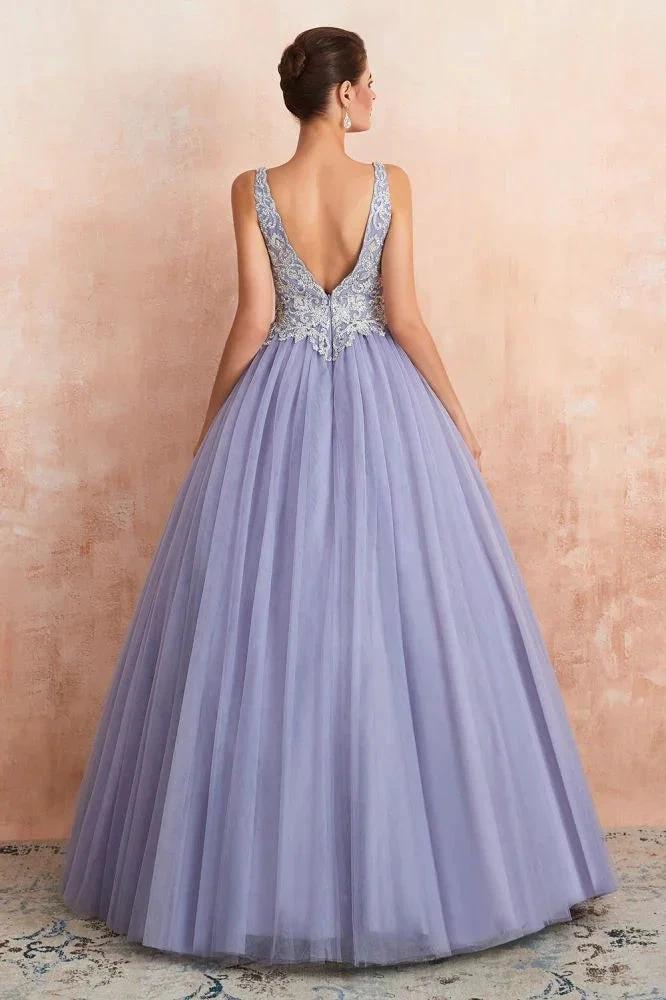 Sparkly Double V-Neck Aline Ball Gown Crystals Tulle Floor Length Party Dress - Image 5