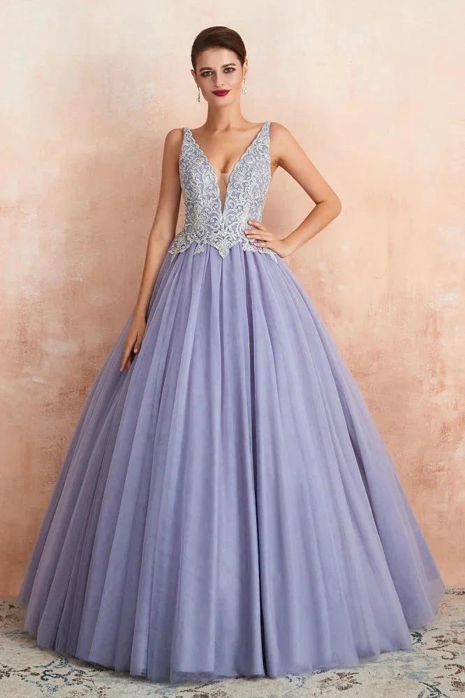 Sparkly Double V-Neck Aline Ball Gown Crystals Tulle Floor Length Party Dress - Image 6
