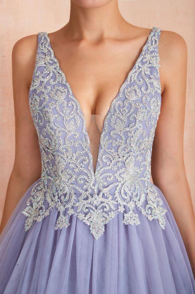 Sparkly Double V-Neck Aline Ball Gown Crystals Tulle Floor Length Party Dress - Image 7