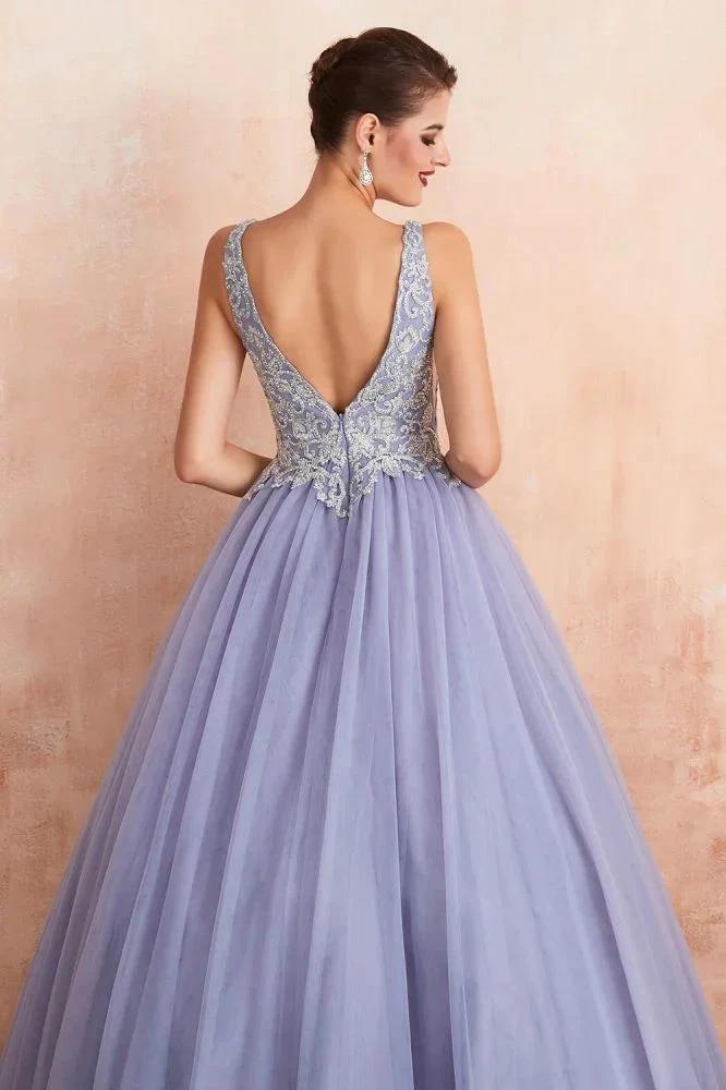 Sparkly Double V-Neck Aline Ball Gown Crystals Tulle Floor Length Party Dress - Image 9