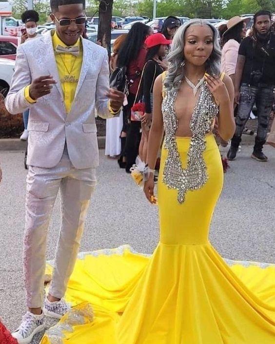 Sparkly Evening Dresses, Mermaid Sexy Yellow Evening Prom Gown With Train Y644 - Image 2