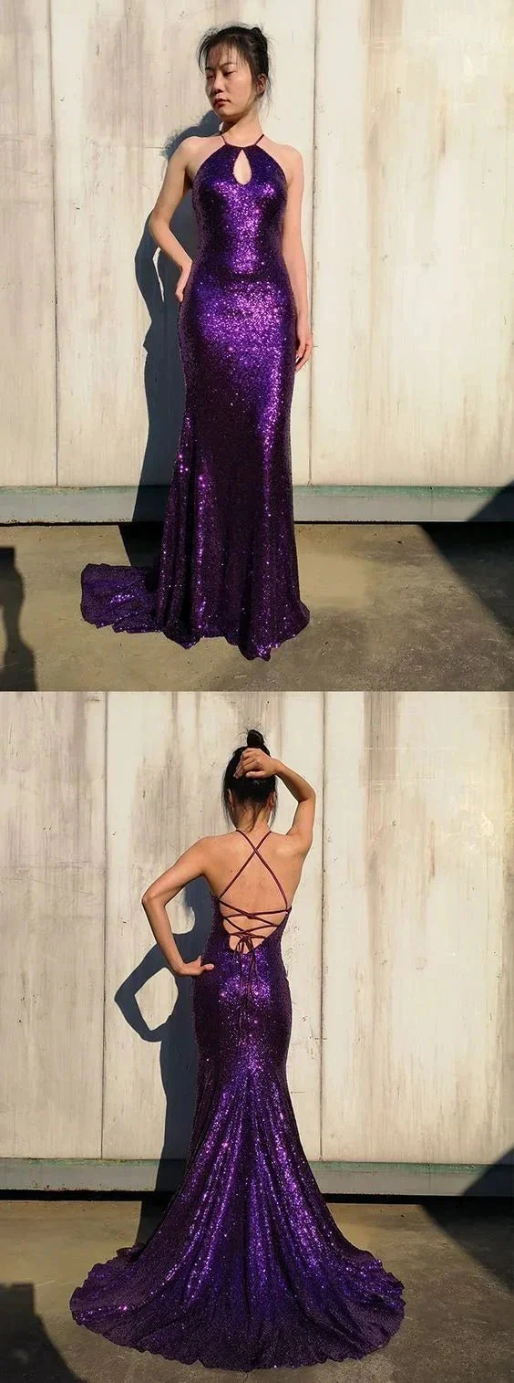 Sparkly Gorgeous Mermaid Jewel Purple Keyhole Sequined Long Prom Dress Glitter Evening Dress Y1038 - Image 2