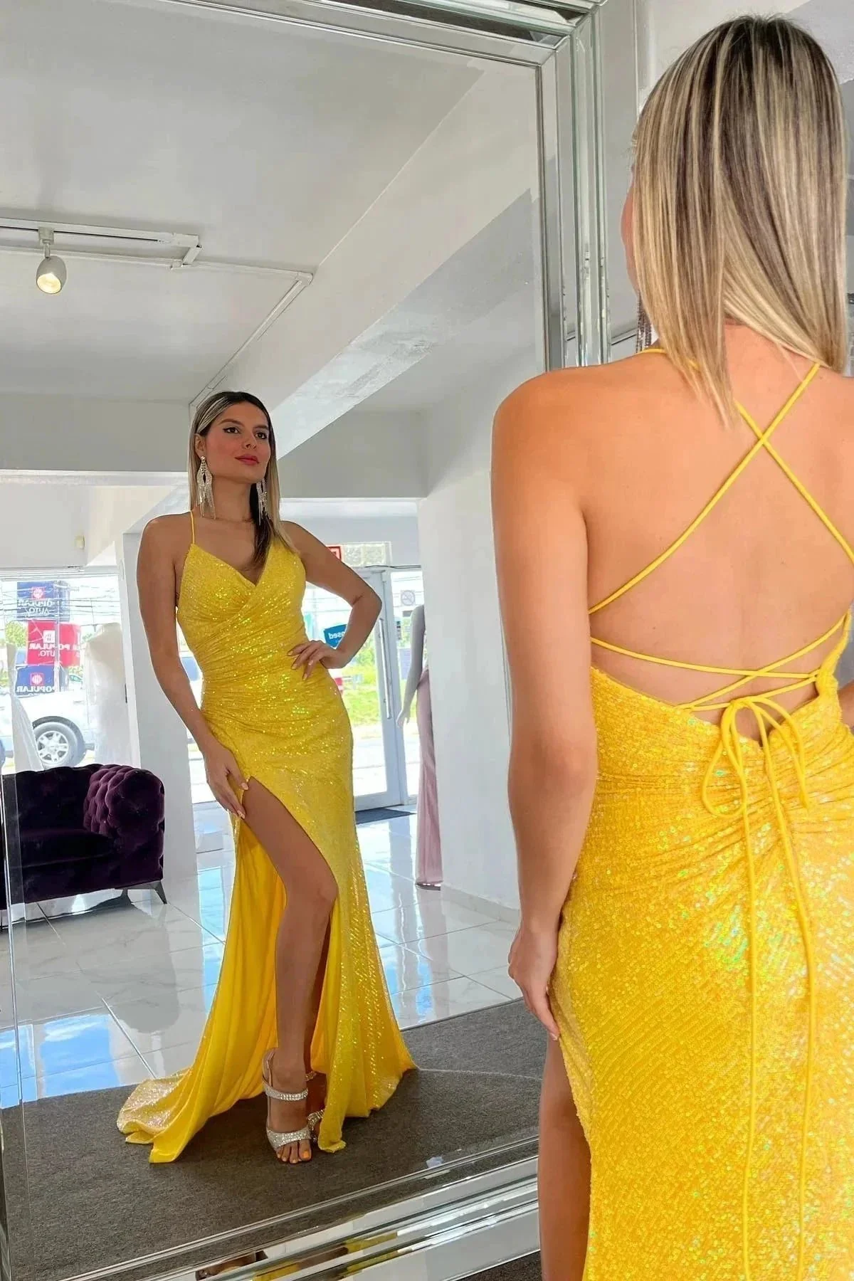 Sparkly Lace Up Mermaid Yellow Sequins Long Prom Dress with Slit PSK464 - Image 3