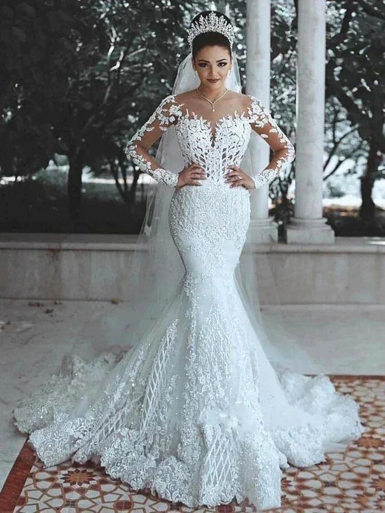 Sparkly Lace Wedding Dress Mermaid Illusion Bodice vestido de noiva Long Sleeve Sheer Neck Appliques Bridal Gowns 2022 Spring - Image 2