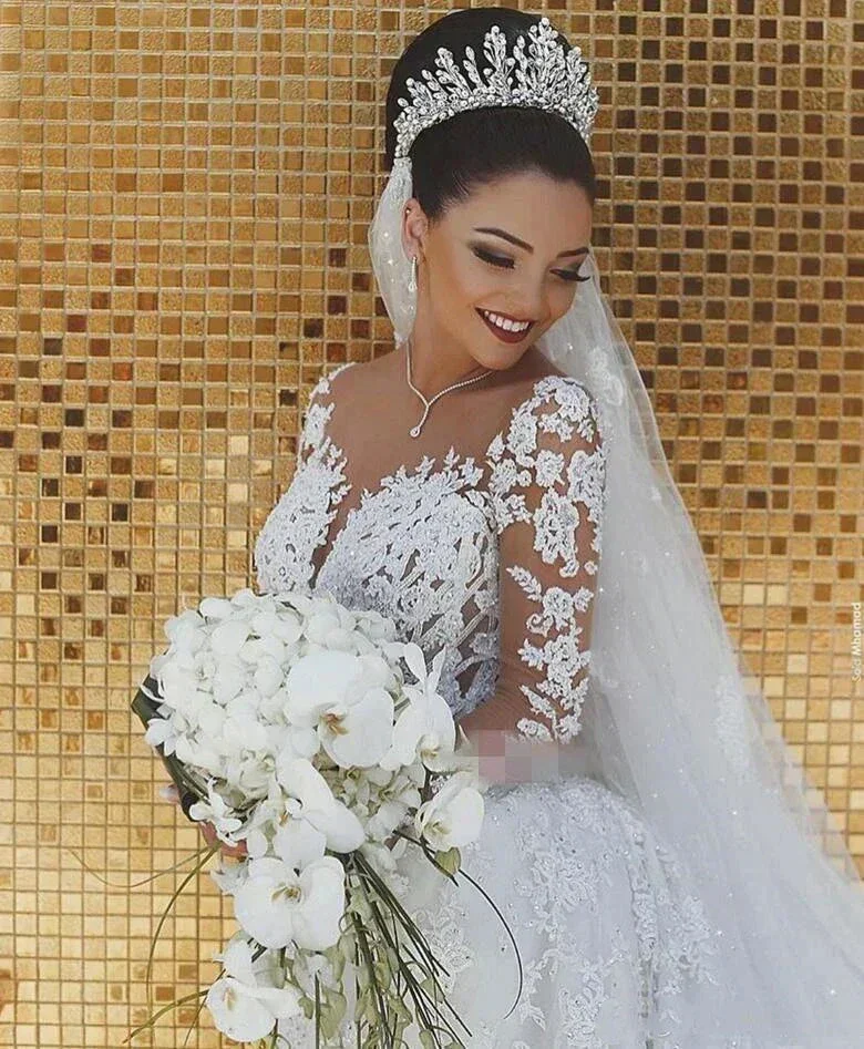 Sparkly Lace Wedding Dress Mermaid Illusion Bodice vestido de noiva Long Sleeve Sheer Neck Appliques Bridal Gowns 2022 Spring - Image 4