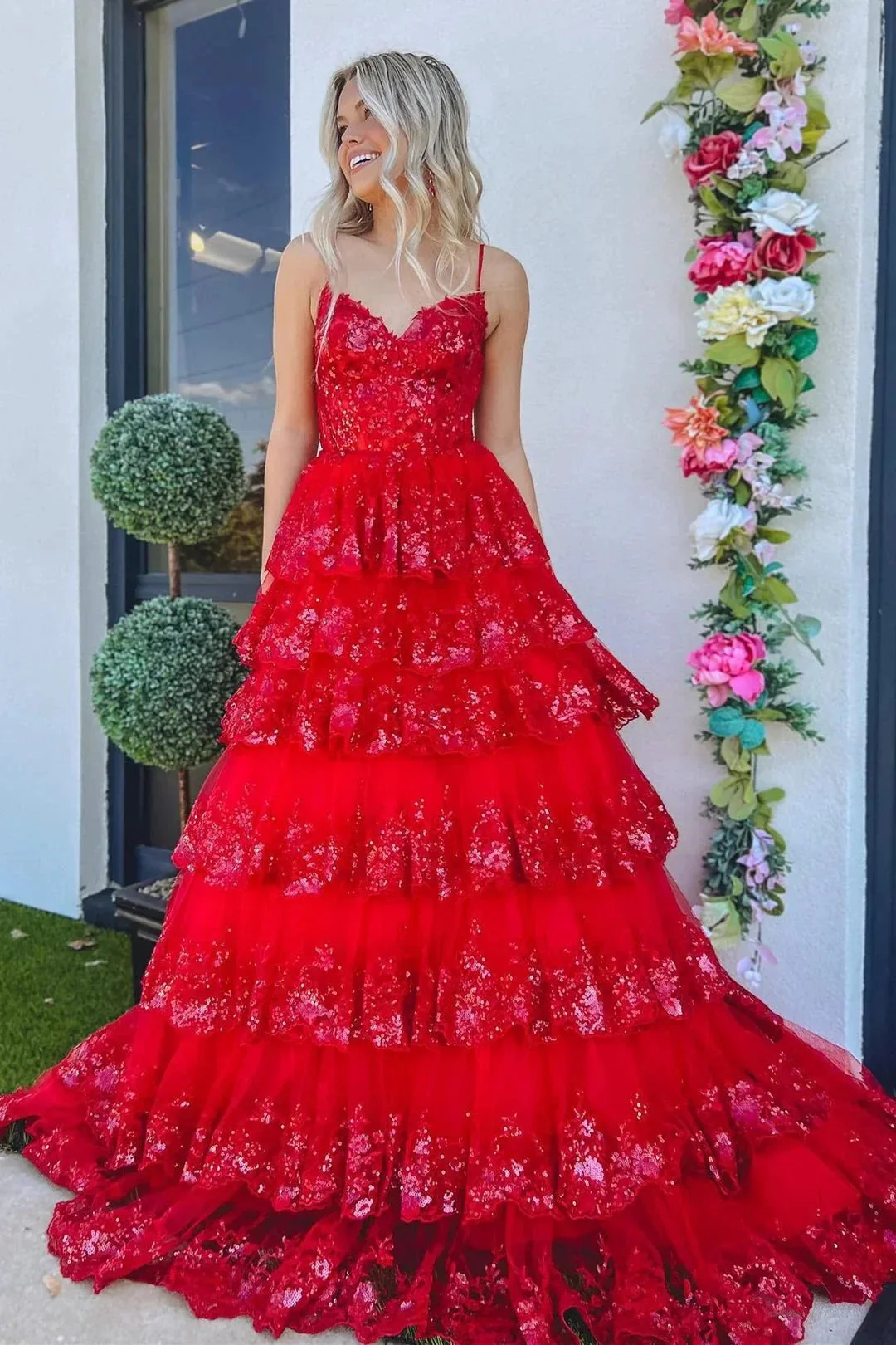 Maryam |A Line Spaghetti Straps Tiered Lace Prom Dress - Image 10