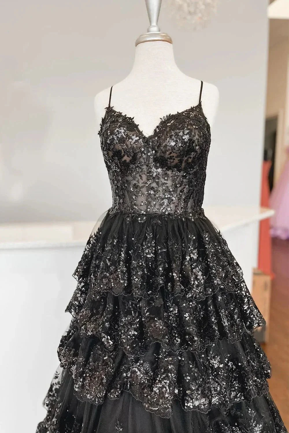Maryam |A Line Spaghetti Straps Tiered Lace Prom Dress - Image 2