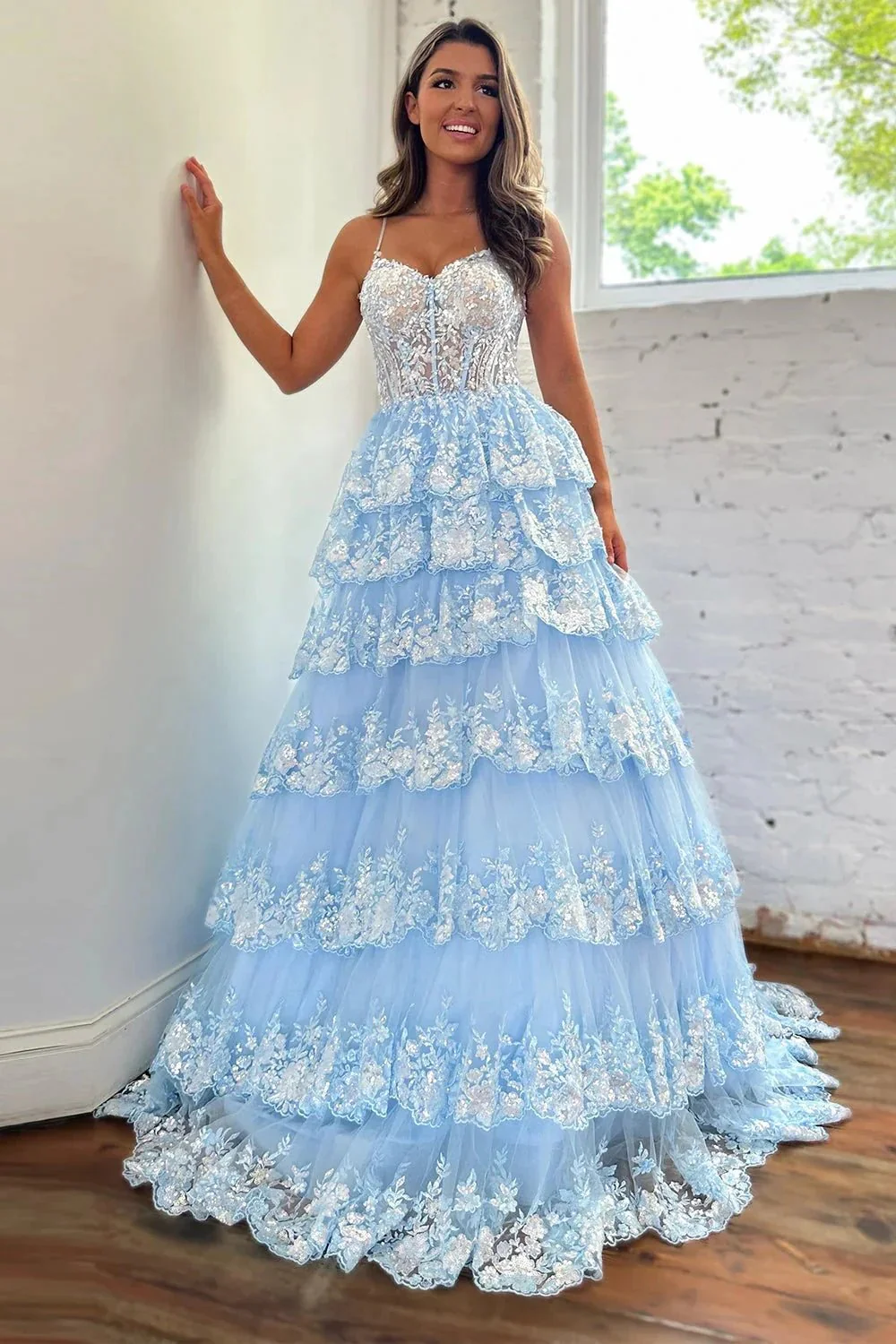 Maryam |A Line Spaghetti Straps Tiered Lace Prom Dress - Image 3