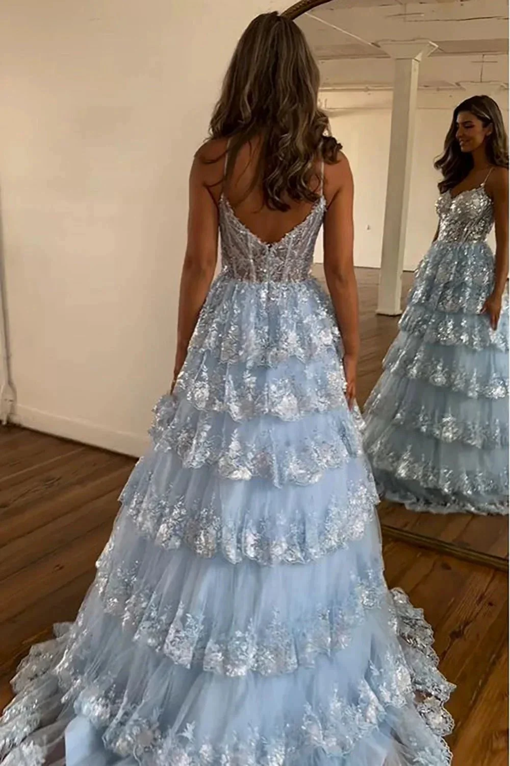 Maryam |A Line Spaghetti Straps Tiered Lace Prom Dress - Image 4