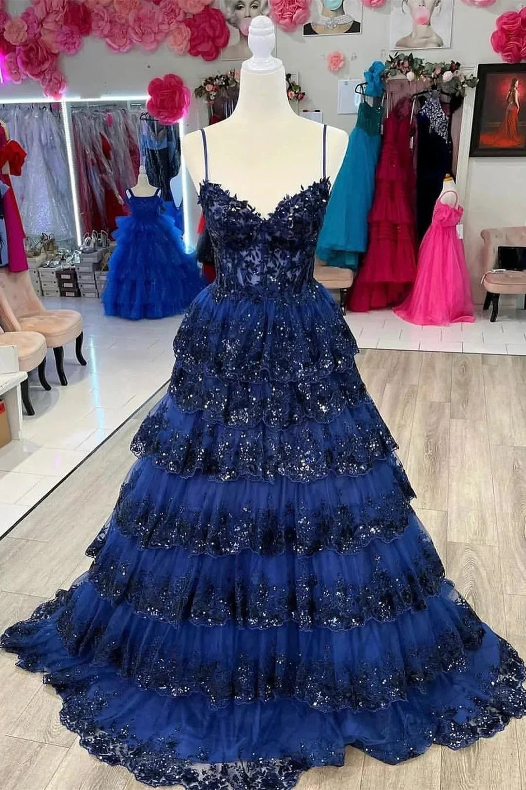 Maryam |A Line Spaghetti Straps Tiered Lace Prom Dress - Image 6
