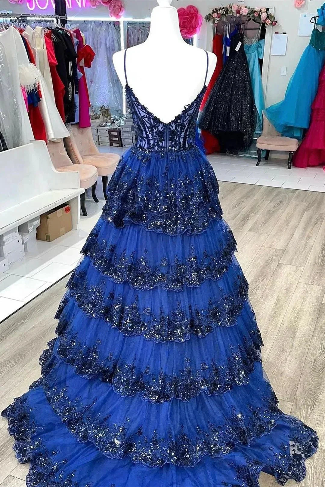 Maryam |A Line Spaghetti Straps Tiered Lace Prom Dress - Image 7