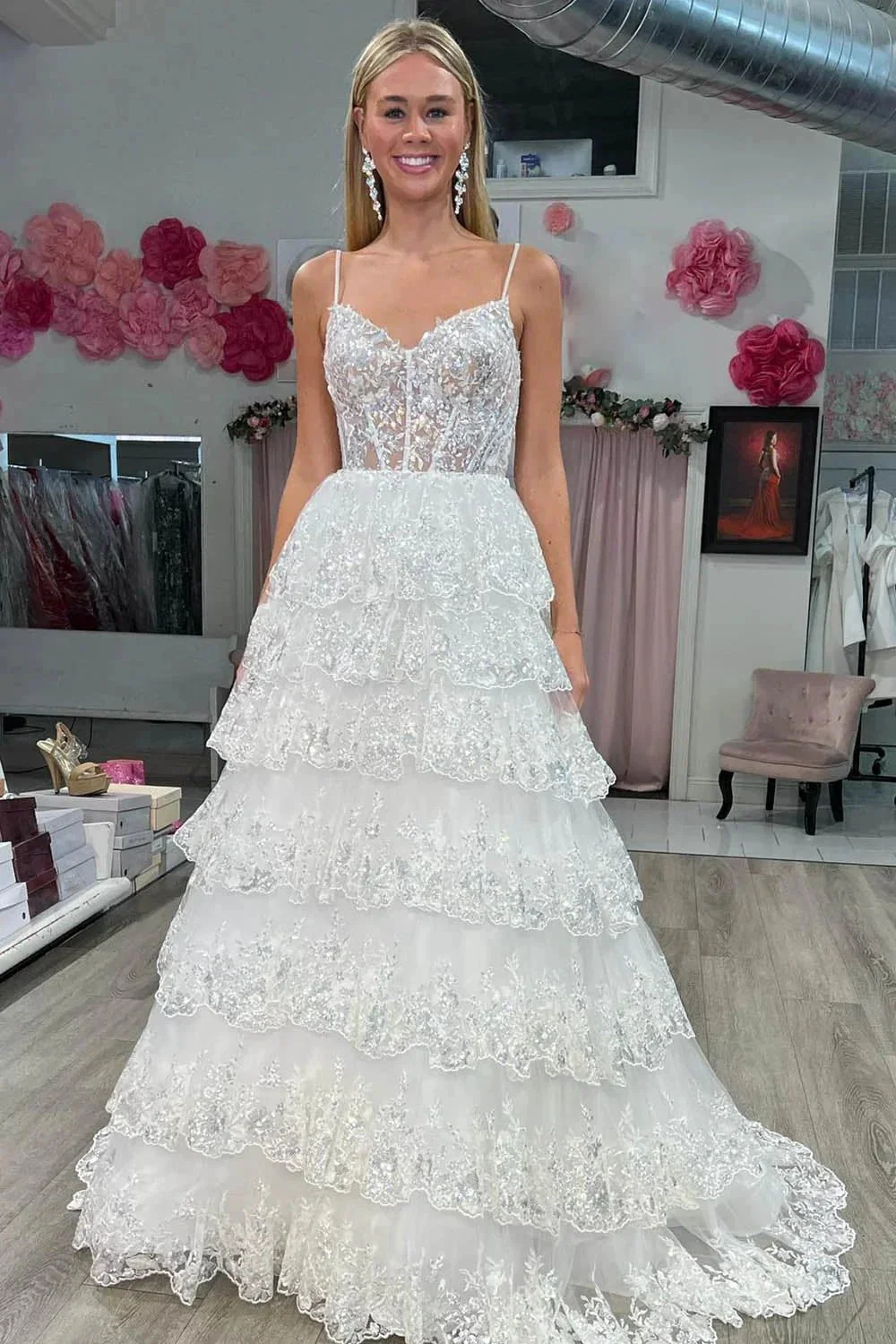 Maryam |A Line Spaghetti Straps Tiered Lace Prom Dress - Image 8