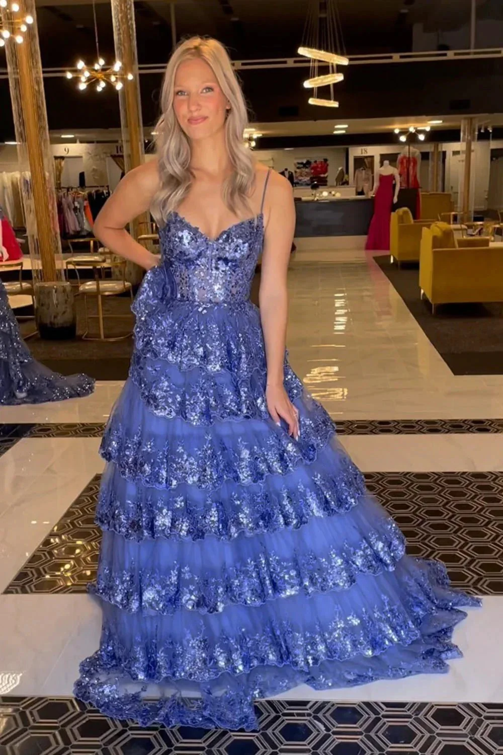 Maryam |A Line Spaghetti Straps Tiered Lace Prom Dress - Image 9