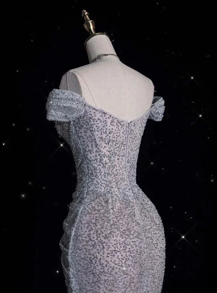 Sparkly Lilac Tulle Beaded Mermaid Off The Shoulder Evening Dress Long Prom Dress Y8054 - Image 4