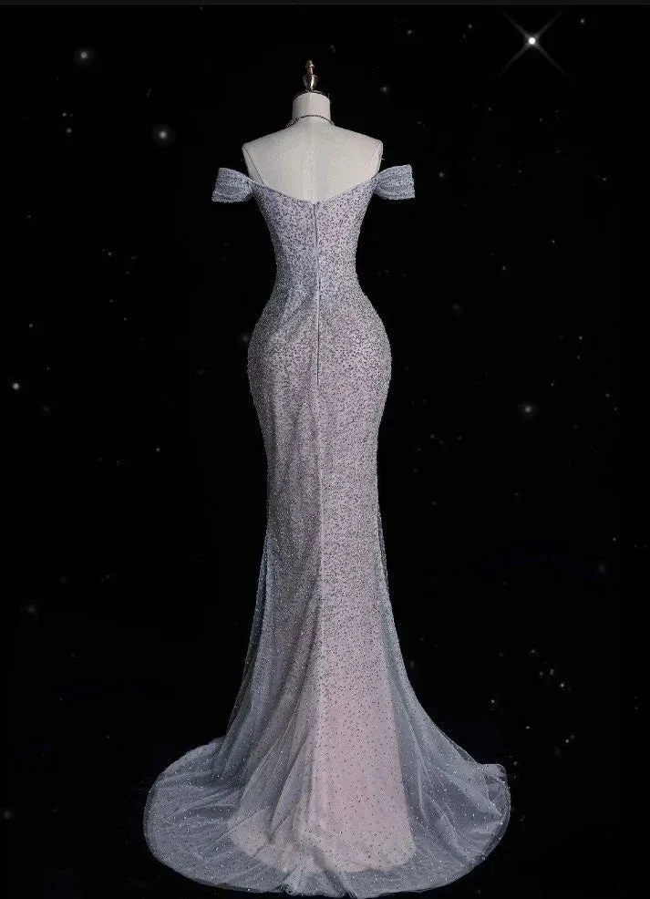 Sparkly Lilac Tulle Beaded Mermaid Off The Shoulder Evening Dress Long Prom Dress Y8054 - Image 5