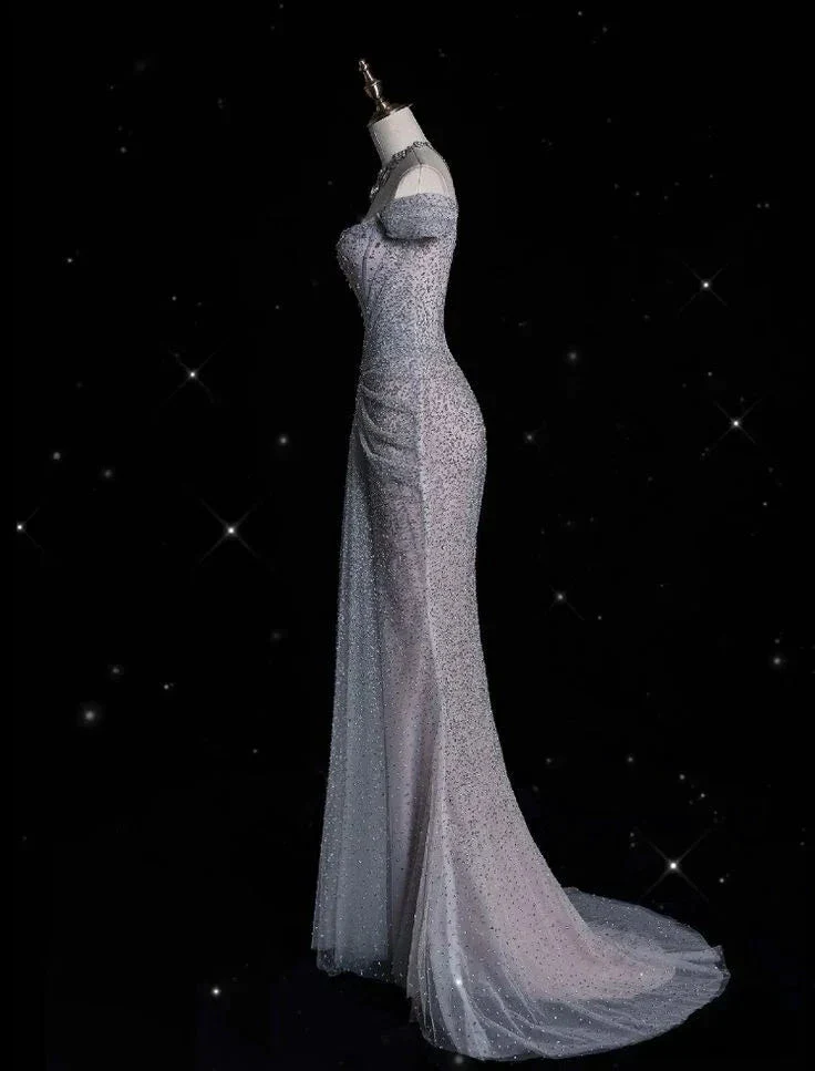 Sparkly Lilac Tulle Beaded Mermaid Off The Shoulder Evening Dress Long Prom Dress Y8054 - Image 6