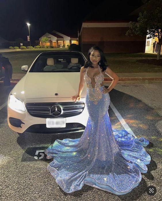 Sparkly Mermaid Blue Sequins Evening Dresses For Black Girls Y1632 - Image 2