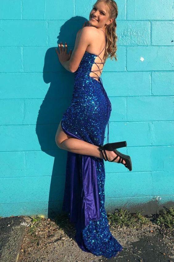 Sparkly Mermaid Scoop Neck Straps Royal Blue Prom Dress With Slit, Evening Dress Y1265 - Image 2