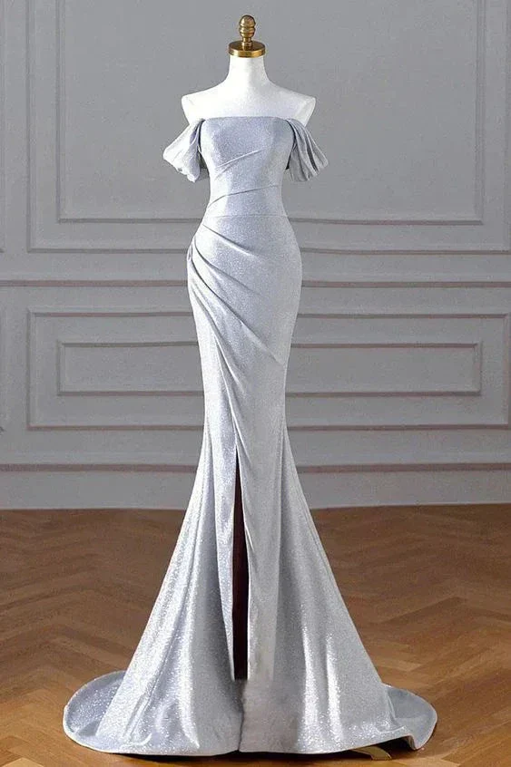 Sparkly Mermaid Silver Sequin Prom Dress Off the Shoulder Evening Gown with Slit Y5233 - Image 2
