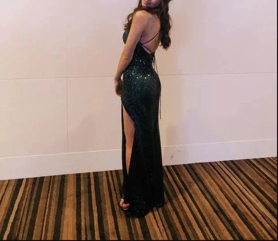 Sparkly Mermaid Spaghetti Straps Dark Green Sequins Long Prom Dresses With Split Formal Evening Gowns Y1460 - Image 2