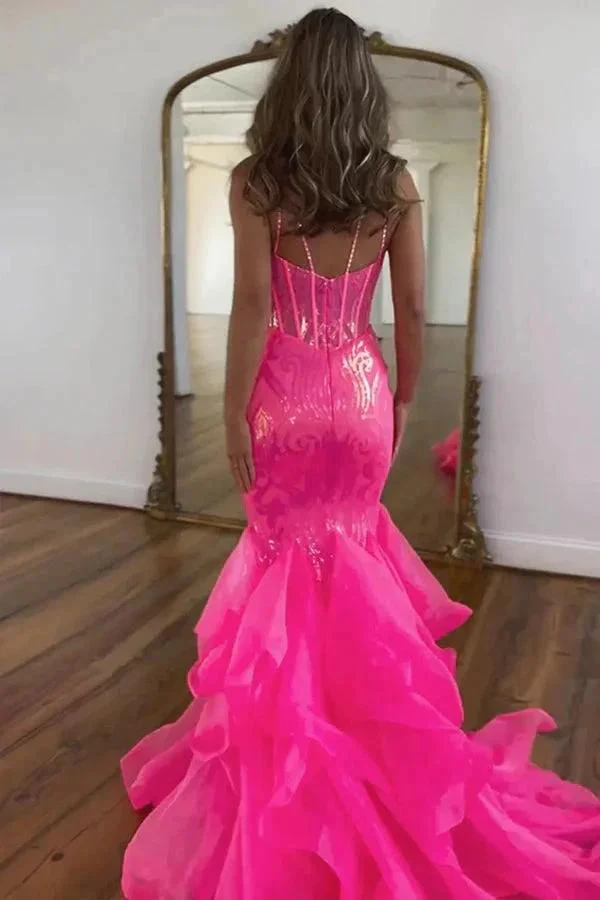 Sparkly Mermaid Spaghetti Straps Hot Pink Prom Dress PSK568 - Image 2