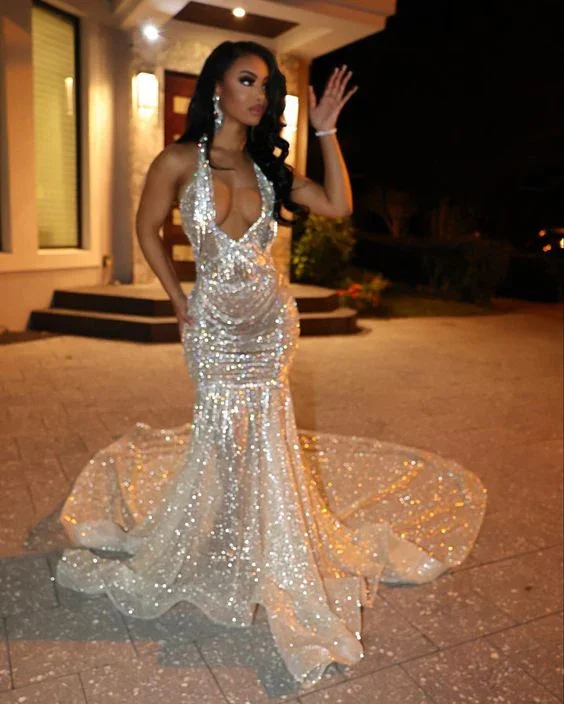 Sparkly Mermaid V-Neck Evening Dress With Train Stunning Mermaid Evening Gown Y1373 - Image 2